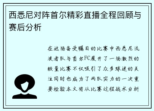 西悉尼对阵首尔精彩直播全程回顾与赛后分析