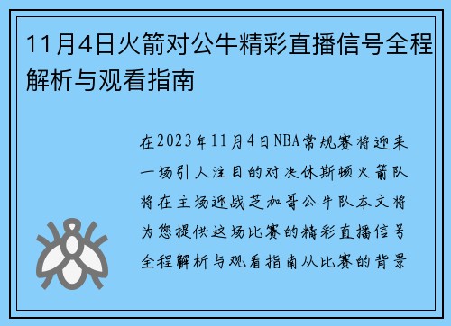 11月4日火箭对公牛精彩直播信号全程解析与观看指南