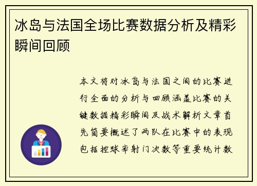 冰岛与法国全场比赛数据分析及精彩瞬间回顾