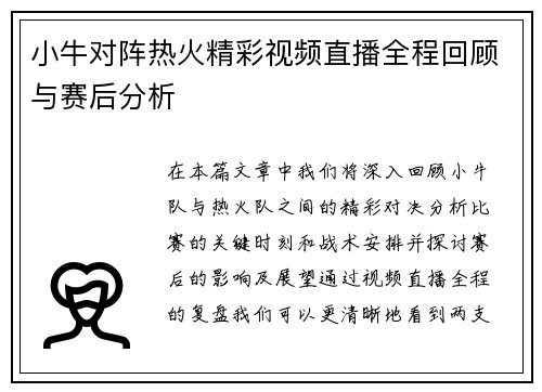 小牛对阵热火精彩视频直播全程回顾与赛后分析