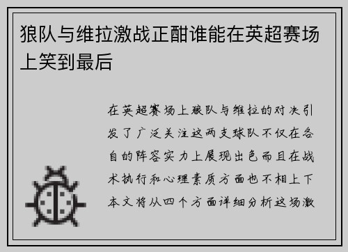 狼队与维拉激战正酣谁能在英超赛场上笑到最后