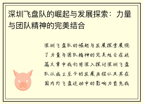 深圳飞盘队的崛起与发展探索：力量与团队精神的完美结合
