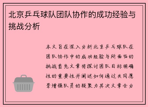 北京乒乓球队团队协作的成功经验与挑战分析