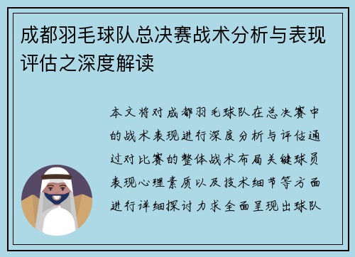 成都羽毛球队总决赛战术分析与表现评估之深度解读
