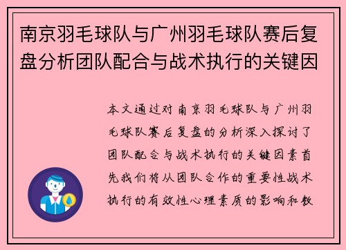南京羽毛球队与广州羽毛球队赛后复盘分析团队配合与战术执行的关键因素