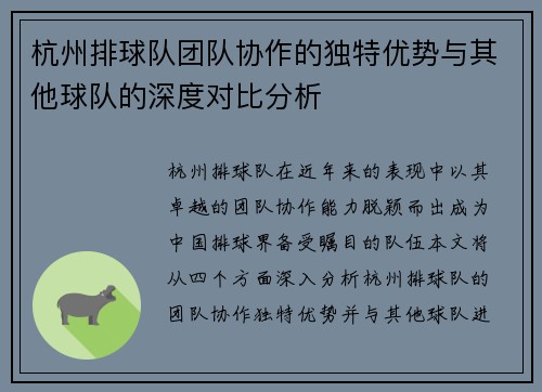 杭州排球队团队协作的独特优势与其他球队的深度对比分析
