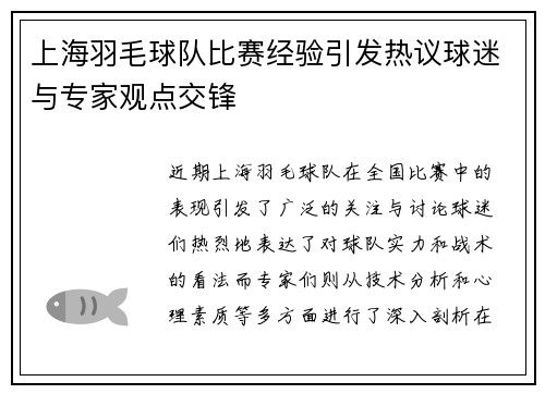 上海羽毛球队比赛经验引发热议球迷与专家观点交锋