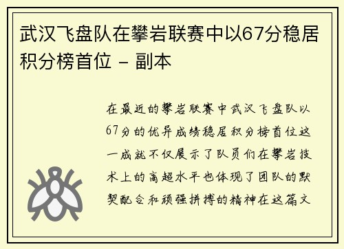 武汉飞盘队在攀岩联赛中以67分稳居积分榜首位 - 副本